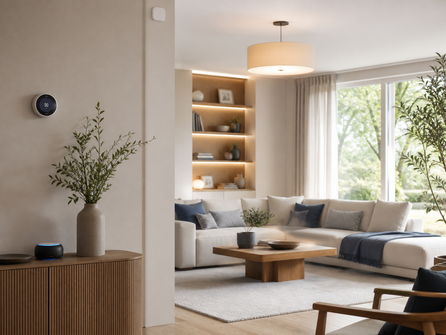 Modern living room with connected smart-home devices