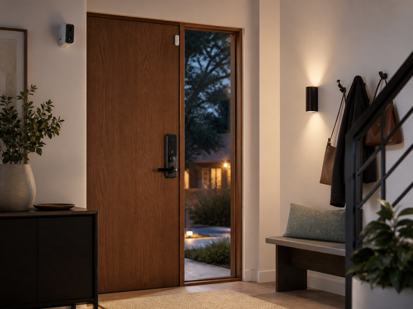 Modern entryway with smart security devices and lighting