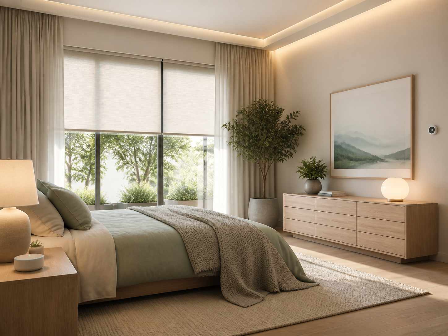 Modern bedroom with smart blinds, lighting, and climate controls